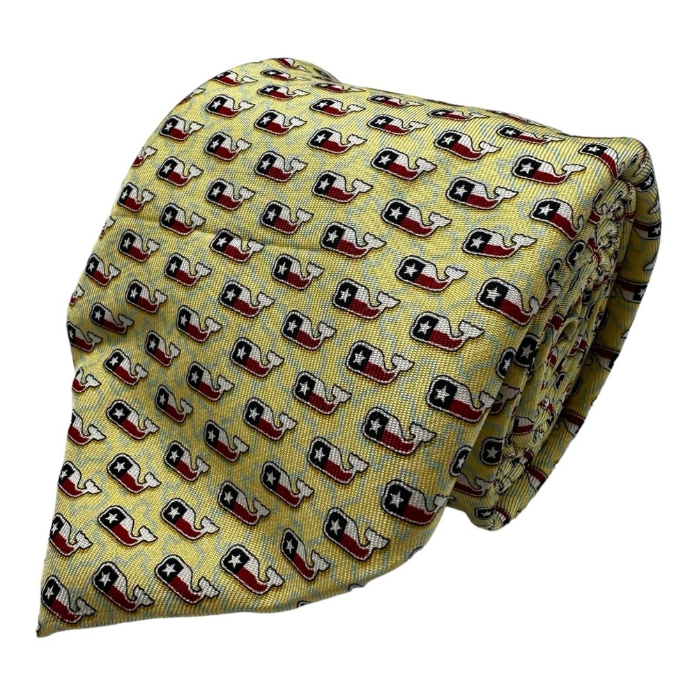 Vineyard Vines Yellow Texas Whale AOP Pure Silk Mens Tie 3.75 Inch Width